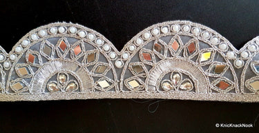 Silver Embroidered Lace Trim With Mirror, Beads And Pearl Embellishments, Approx. 53mm Wide - 140316L187